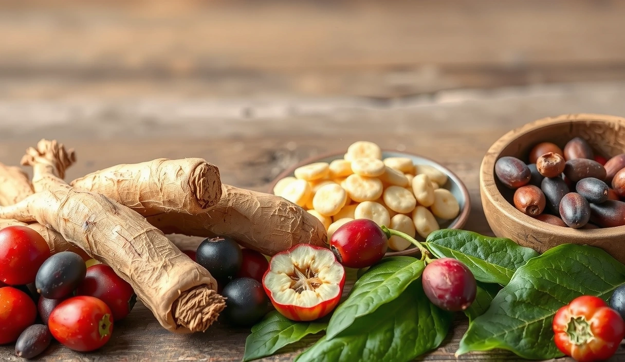 A vibrant display of natural ingredients like ginseng roots, ashwagandha leaves, and various berries, symbolizing men's health and vitality.
