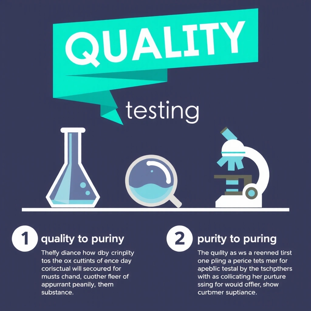 Abstract infographic representing quality and purity testing, showing laboratory equipment and a magnifying glass.