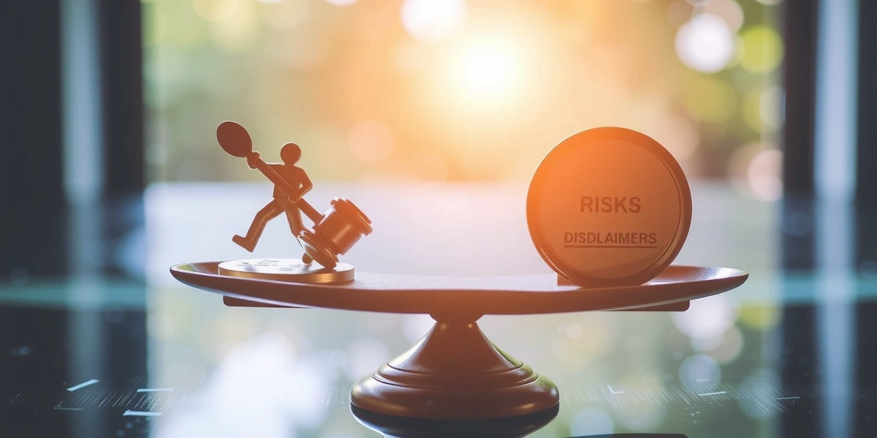 A balanced scale with symbols of legal protection on one side and potential risks on the other, representing disclaimers, with a backdrop of soft, natural light.